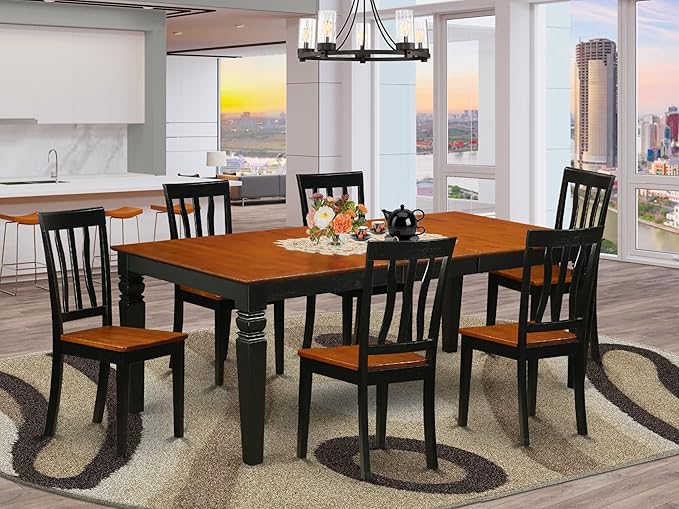 East West Furniture LGAN7-BCH-W 7 Piece Dining Set Consist of a Rectangle Dining Table with Butterfly Leaf and 6 Kitchen Chairs, 42x84 Inch, Black & Cherry