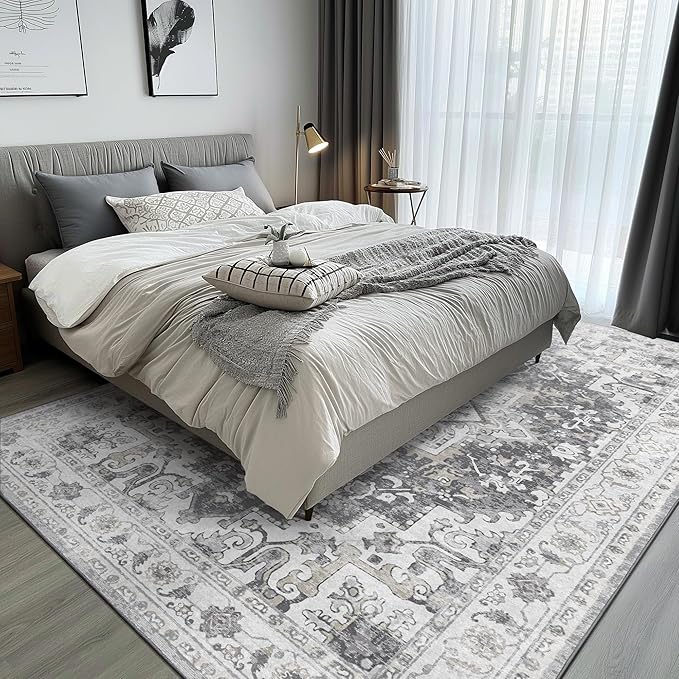 GENIMO Area Rugs 6x9 Machine Washable Rug for Living Room, Non Slip Vintage Indoor Rug, Low Pile Lightweight Chenille Print Carpet for Bedroom Dining Room Home Office