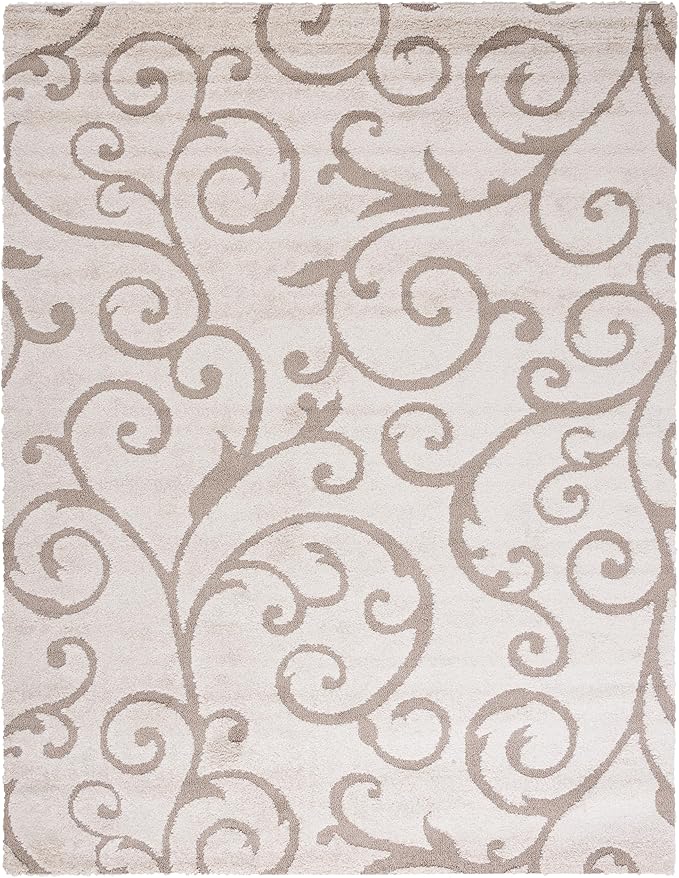 SAFAVIEH Florida Shag Collection Area Rug - 8'6" x 12', Ivory & Beige, Scroll Design, Non-Shedding & Easy Care, 1.2-inch Thick Ideal for High Traffic Areas in Living Room, Bedroom (SG455-13LT)