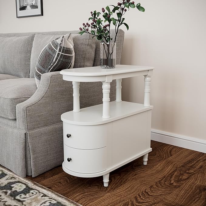 2 Set of Wood End Table with 2 Drawers and Storage Shelf, Narrow Sofa Side Table for Living Room, Vintage Slim Nightstand Bedside Table for Bedroom, Slim Chair Side Table White BGA508WT