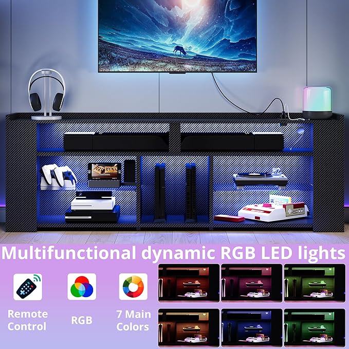 IRONCK Entertainment Center with Storage, 70.9 Inch Tall TV Stand W/Power Outlet, LED Gaming TV Cabinet for PS4, Black TV Stand with Carbon Fiber