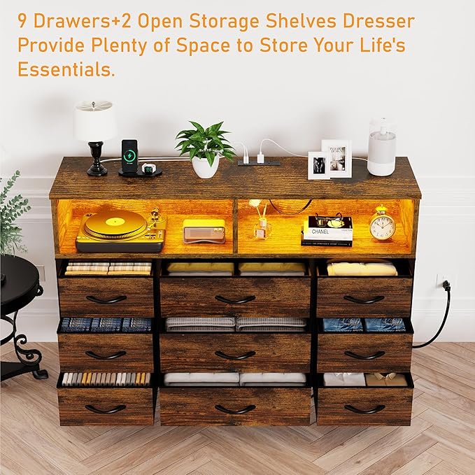Dresser for Bedroom, Led Dresser TV Stand with Power Outlets and LED Lights, Long Fabric Dressers Wide Chest of Drawers with Large Organizer for Living Room, Entryway, Hallway,Rustic Brown