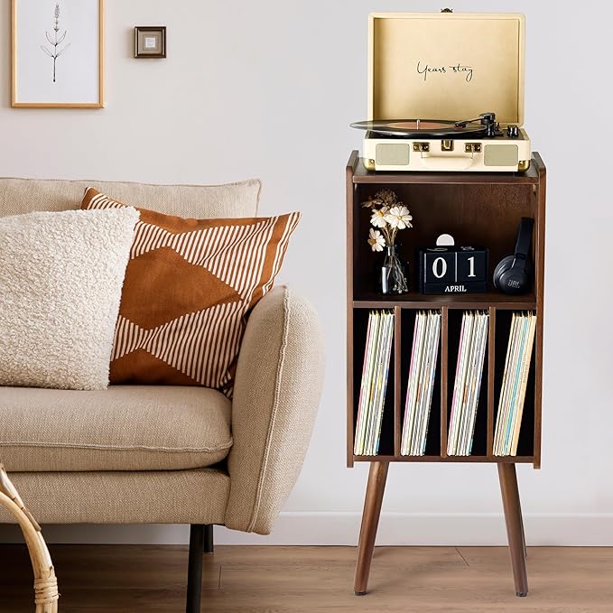 Wooden LP Record Player Stand, 3-Tier Turntable Stand Cabinet Holds up to 100 Albums, Record Storage Holder and Organizer Table, Mid-Century Modern Record Player Holder (Rich Walnut, 3-Tier)