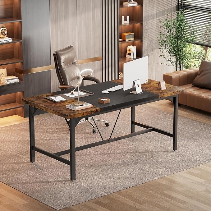 Unikito Large Computer Desk, 63 x 31.5 Inch Long Office Desks, Premium Sturdy 2 Person Desk, 1.4” Thick Study Writing Table, Modern Laptop Computer Table for Home Office Workstation, Rustic Brown