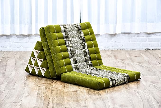 Leewadee - Comfortable Japanese Floor Mattress - Thai Floor Bed with Triangle Cushion - Futon Mattress - Thai Massage Mat, 67 x 21 inches, Green, Kapok Filling