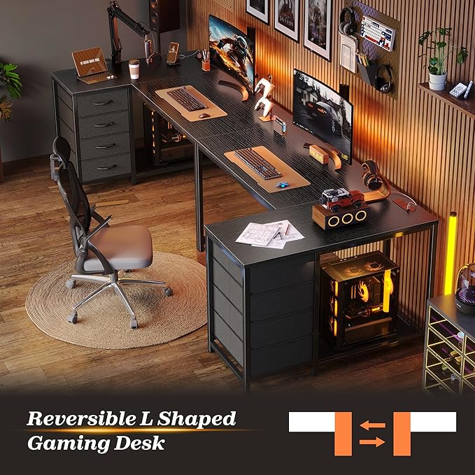 PRAISUN 43.3" Small Computer Desk with Power Outlets and USB-C Port, Reversible L Shaped Corner Office Desk with 4 Fabric Drawers and 2 Height-Adjustable Shelves, for Gaming Writing, Black