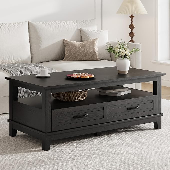 GarveeHome Farmhouse Coffee Table with Drawers, 47.2" Center Table Rustic Coffee Tables Black Living Room Table, with Open Shelf and 6 Support Legs