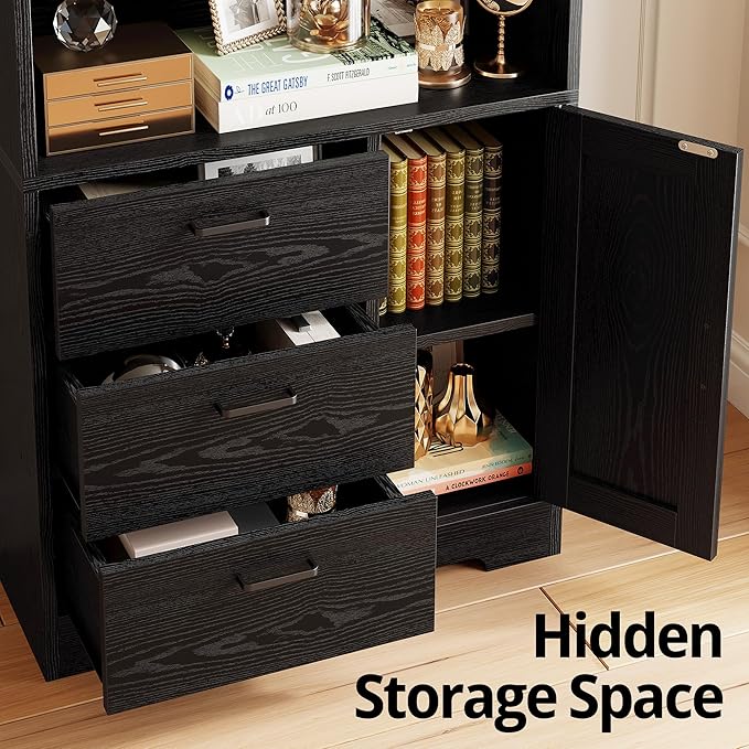 IRONCK Bookshelf with Door and 3 Drawers, 71in Tall Bookcase Shelf with 3-Tier Shelves, for Bedroom Living Room Entrance Hallway Home Office
