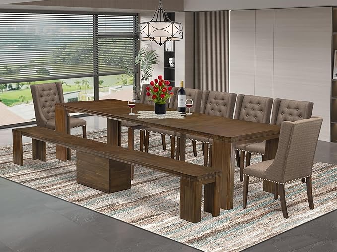 X07FO-B08-18 - 9 Pieces Dining Set Includes an Extendable Rectangle Kitchen Table, 7 Dining Chairs and 1 Modern Bench, 39x120 Inch, Antique Walnut