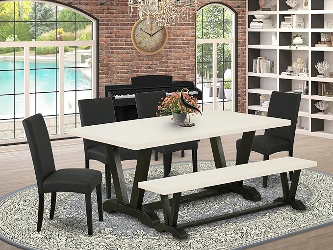 East West Furniture V627DR124-6 6 Piece Dinette Set Contains a Rectangle Dining Table with V-Legs and 4 Black Color Linen Fabric Parson Chairs with a Bench, 40x72 Inch, Multi-Color