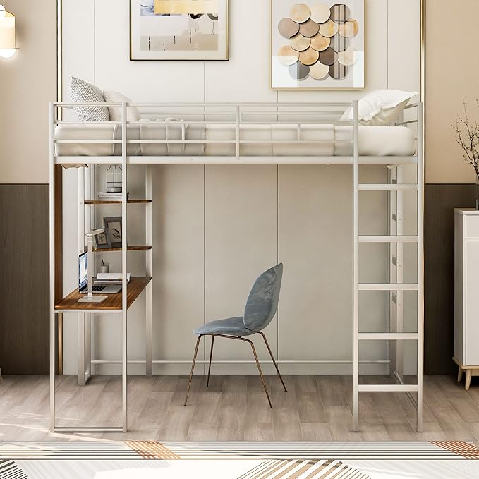 Full Size Metal Loft Bed with 2 Storage Shelves and 1 Desk,Steel Structure Bed Frame W/ 2 Build-in Ladders & Full-Length Guardrails,No Box Spring Needed,for Kids Teens Adults,Silver