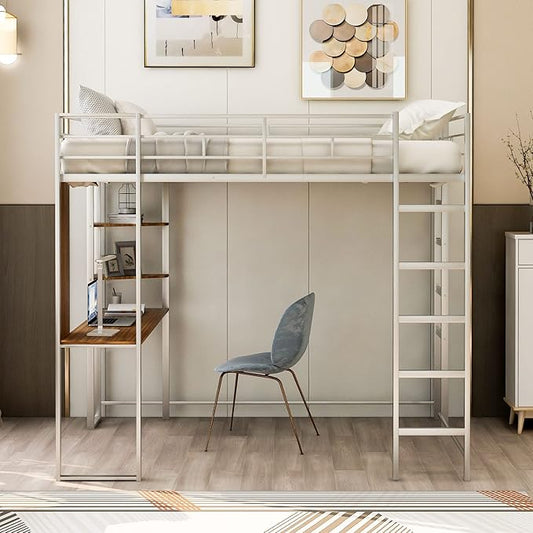 Full Size Metal Loft Bed with 2 Storage Shelves and 1 Desk,Steel Structure Bed Frame W/ 2 Build-in Ladders & Full-Length Guardrails,No Box Spring Needed,for Kids Teens Adults,Silver