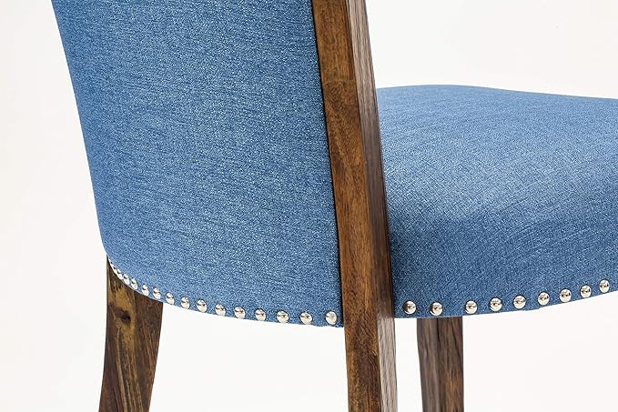 East West Furniture VEP7T21 Verona Parson Kitchen Chairs - Nailhead Trim Blue Color Linen Fabric Upholstered Dining Chairs, Set of 2, Jacobean