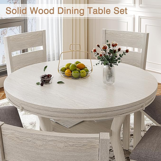 5-Piece Solid Wood Dining Table Set for 4, Round Kitchen Table Set with 4 Upholstered Chairs, Farmhouse Dining Sets for Kitchen, Dining Room, Rustic Grey
