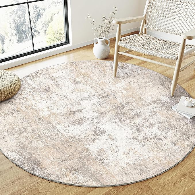 5x5 Washable Round Rug Beige Grey Neutral Abstract Living Room Bedroom Non Slip Low Pile Area Rug Office Entryway Indoor Doormat Soft Carpet for Entrance Bathroom Kitchen