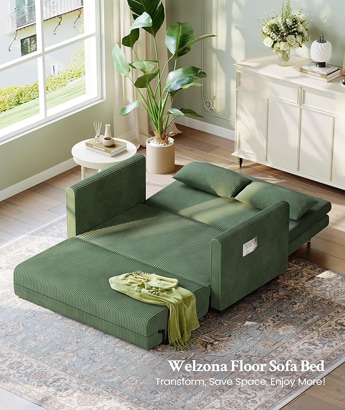 53” Convertible Sofa Bed Couch, Corduroy Couch Bed, 6-Position Loveseat Sleeper Sofa, Love Seat Sleeper Bed 23.6" Extra Deep Seat, Modern Couches for Living Room/Apartment/Home/Office, Green