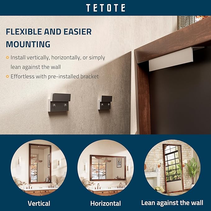 TETOTE 24 x 32 Walnut Wood Framed Mirror for Bathroom Wall/Bedroom/Living Room/Entryway Farmhouse Rustic Wall Mirror Waterproof (Horizontal/Vertical Mounted)