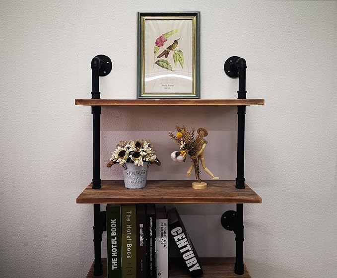 5 Tier Industrial Ladder Bookshelf, Wall Mounted Wood Metal Rustic Pipe Shelves (Weathered Brown, 5 Tier - 10" D x 24" W x 70" H)