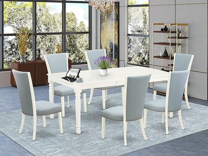 East West Furniture DOVE7-LWH-15 7 Piece Dinette Set Consist of a Rectangle Dining Room Table with Butterfly Leaf and 6 Baby Blue Linen Fabric Parson Dining Chairs, 42x78 Inch, Linen White