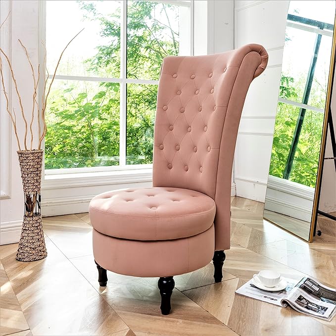 Container Furniture Direct Royal High-Back Velvet Accent Chair for Vanity with Storage and Luxurious Upholstery, Retro Design and Versatile Usage for Living Room, Bedroom, Lounge and Office, Rose