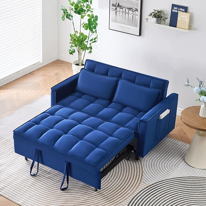 Ball & Cast 3 in 1 Convertible Sleeper Sofa Bed,Velvet Futon Couch with Pull-Out Bed,Convertible Pull Out Couches W/ 2 Pillows,Adjustable Backrest & Side Pocket,for Living Room,Apartment,Blue,55"