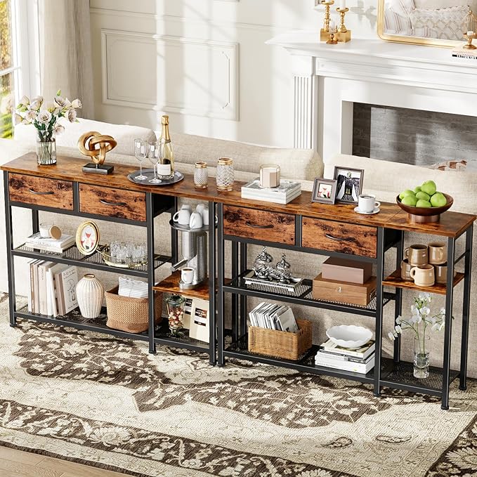 Furnulem Entryway Table 44'' Sofa Console Table with 2 Fabric Drawers, Industrial Entry Way Shoe Rack with Metal Mesh Shelf for Front Door, Hallway, Foyer Wooden Top, Sturdy Metal Frame, Rustic Brown