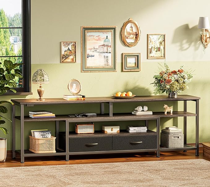 Huuger TV Stand for 65 70 Inch TV, Entertainment Center with Power Outlets and LED Lights, TV Console for Living Room, Media Console with Drawers and Shelves, Black