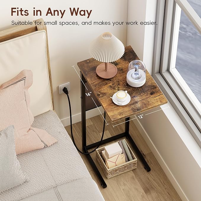 Vagusicc C Shaped End Table with Charging Station, Small Side Table for Couch, Tall Sofa Table Couch Side Tables, Slide Under Sofa Table TV Tray Arm C Tables for Living Room, Bedroom, Bedside, Brown