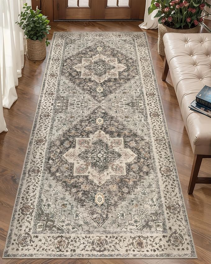 Tangsoo 2x6 Washable Runner Rug for Hallways, Non Slip Vintage Runner, Soft Low Pile Long Rug Runner, Print Distressed Brown/Grey Carpet Runners for Kitchen Bedroom Entryway Bathroom Living Room