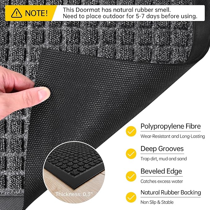 Sturdy Front Door Mat Outside Entrance, 4' x 3' All-Season All-Weather Doormat Waterproof, Stain and Fade Resistant, Natural Rubber Indoor Outdoor Welcome Door Mat Trap Dirt