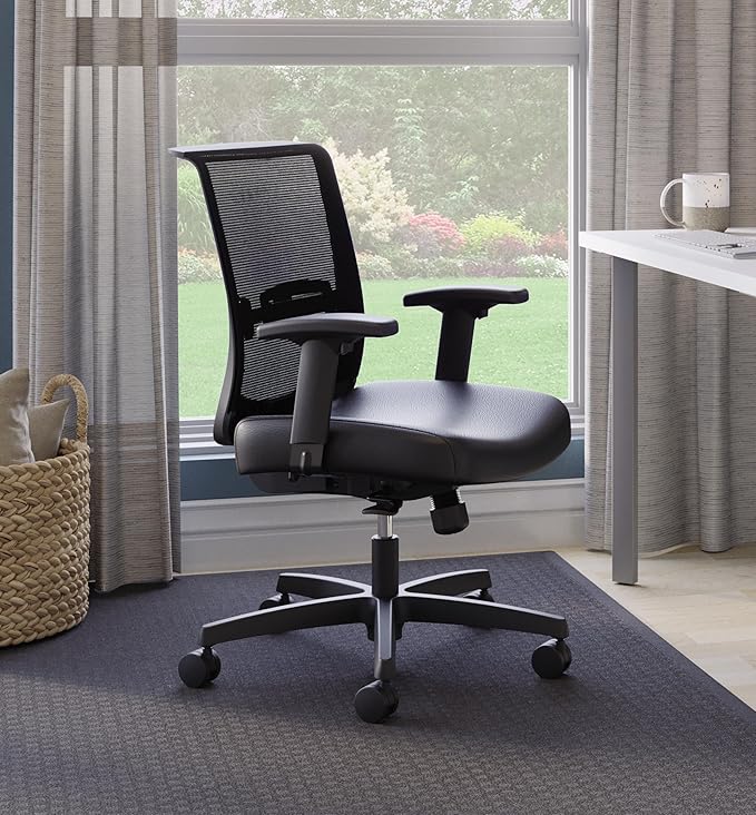 HON Convergence Ergonomic Office Chair, Breathable Back Support Mesh, Adjustable Arms, Computer Chair with Lumbar Support, Rolling Swivel Wheels, Comfortable Synchro-Tilt Recline, Vinyl, Black