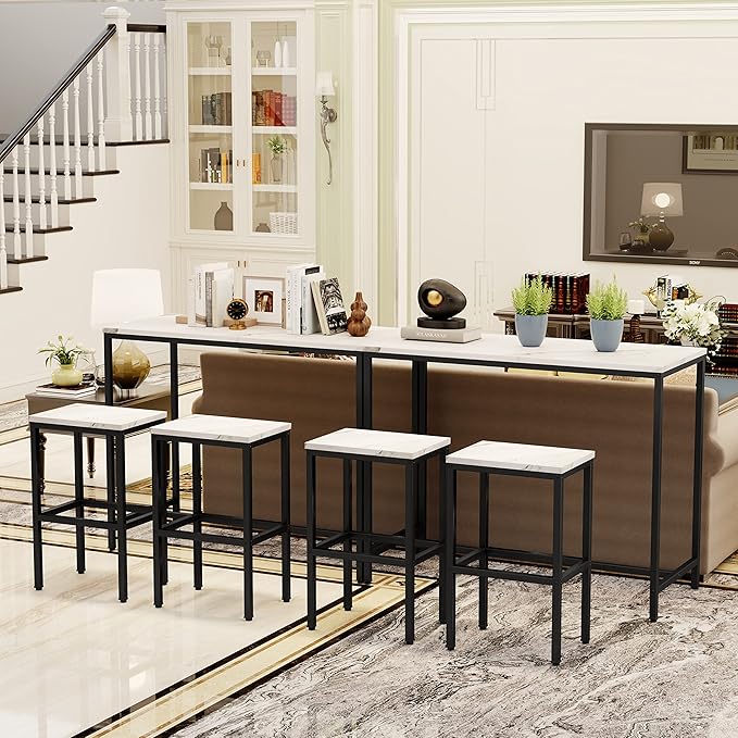 Aklaus Bar Table Set,44" White Faux Marble Top Bar Table and Chairs Set,Counter Height Bar Table with 2 Bar Stools,3 Piece Kitchen Breakfast Table for Living Room Dining Room Apartment