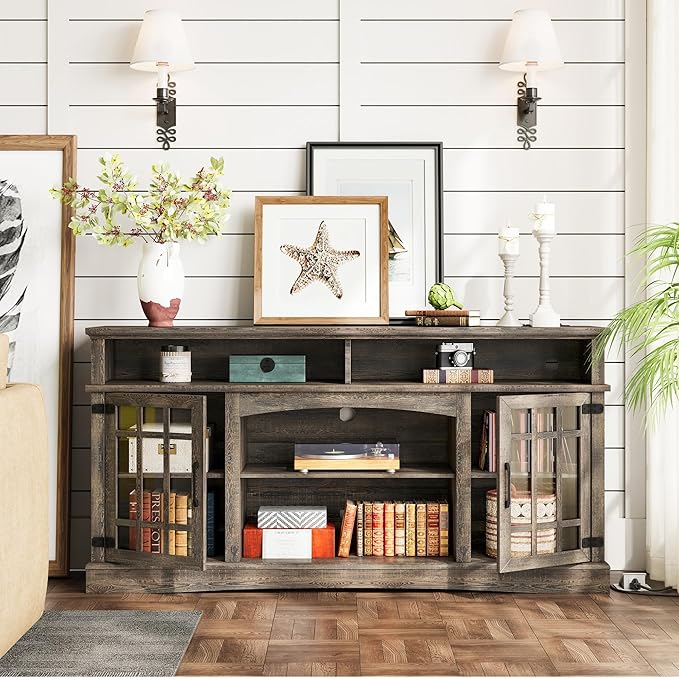 IRONCK Farmhouse TV Stand for 65 Inch TV, 32“Tall Entertainment Center with Power Outlets, Rustic TV Cabinet with Glass Door Media Console, TV Console for Living Room,Dark Rustic Oak