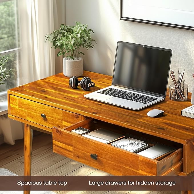 Acacia Lagom 48" Solid Wood Work Desk with Drawers, Office Furniture, Scandinavian Style Work Table for Home Office (Caramel)