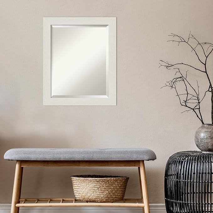 Amanti Art White Bathroom Mirror for Over Sink, 24x20 Rustic Plank White Narrow Rectangle Vanity Mirror, Small Rustic Farmhouse Frame, Hangs Horizonally and Vertically, Bathroom Wall Decor, Beveled
