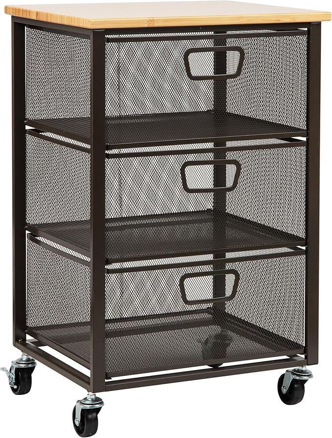 Mind Reader 3-Drawer Rolling Storage Cart, Office Organizer with Wood Top, Multipurpose Portable Cabinet with Wheels, Metal Mesh, Black
