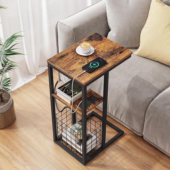 Vagusicc C Shaped End Table with Charging Station, Side Table for Couch, Small Side End Table for Small Spaces, 28" High Slide Under Sofa Table for Coffee, Tv Tray Table for Living Room, Rustic Brown
