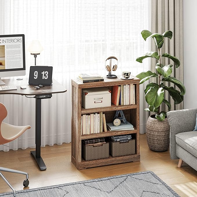 LINSY HOME 3-Tier Bookcase Display Storage Shelves Farmhouse Bookshelf for Home Office, Living Room, Bed Room - Dark Brown
