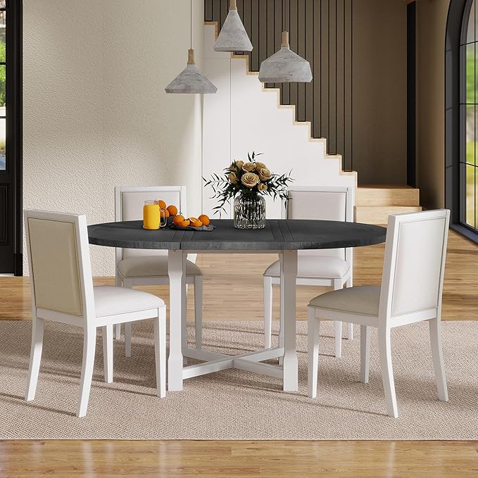 Ball & Cast 5 Pieces Dining Table Set with 4 Upholstered Chairs,Farmhouse Wooden Living Room Furniture for 4 W/ 57.7" Extendable Dining Table,for Dining Room,Bistro,Apartment,Grey+White