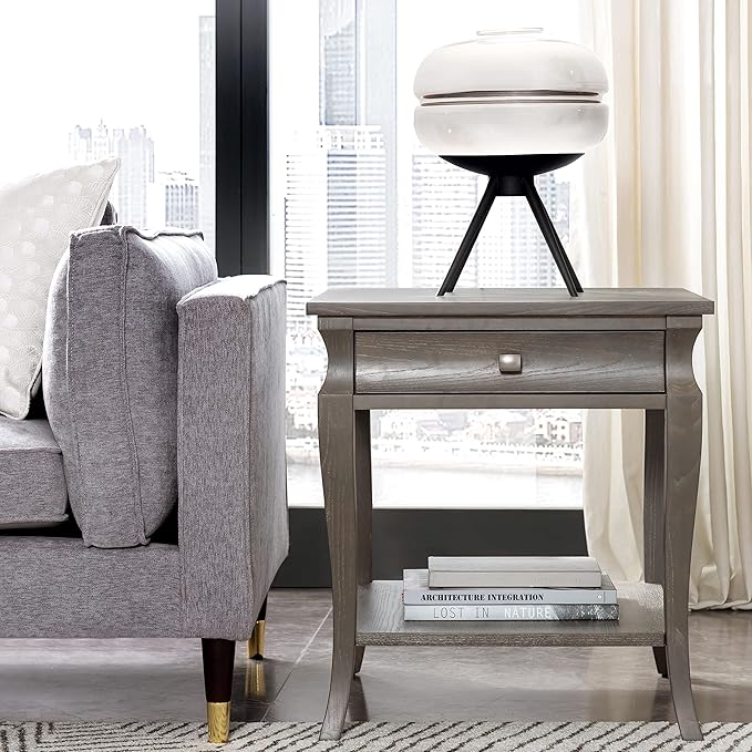 Leick Home Luna End Table, 1 Drawer, Display Shelf, Solid Wood, Easy Assembly, Gray Wash, 24in D x 22in W x 24in H, 11607-GW