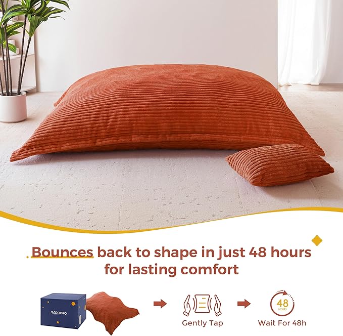 MAXYOYO Giant Bean Bag Chair with Pillow, 3 in 1 Convertible Bean Bag Chair for Adults with Washable Cover, Removable Floor Cushion Stuffed Floor Lounger for Living Room Bedroom, Orange, Full