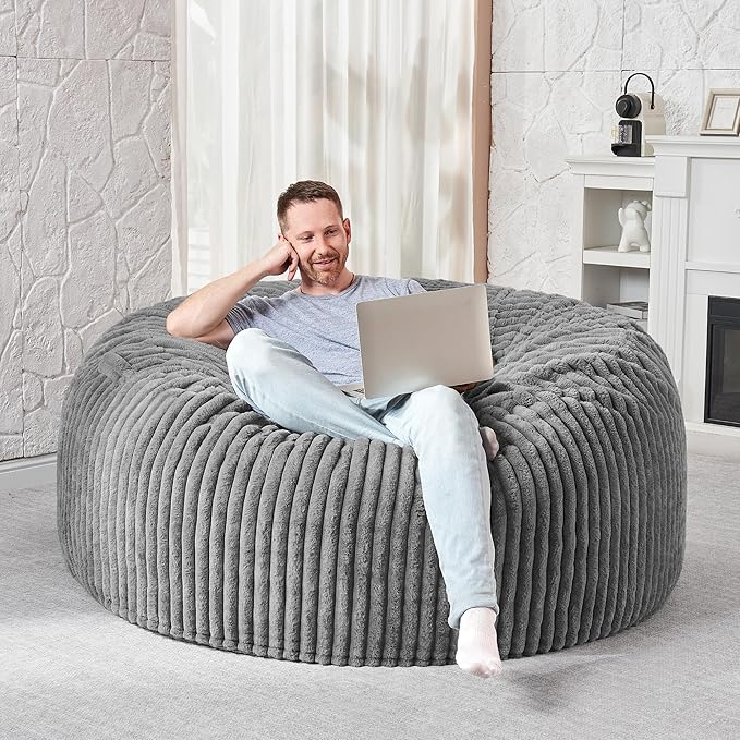 HABUTWAY 4FT Bean Bag Chair, 4' Large Bean Bag Chairs for Adults with Removable Stripe Plush Cover, Memory Foam Beanbag Chair for Living Room Bedroom Dorm (Grey)