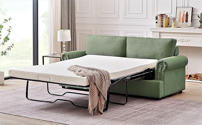Reversible Sleeper Sofa Bed with Comfortable Memory Foam Mattress, Convertible Corduroy Full Size Pull Out Couch for Living Room, Space Saving Furniture, 72" Wide, Rounded Arms, Dark Green