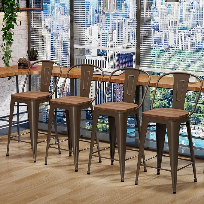 Changjie Furniture 24 Inches Metal Barstools Set of 4 Counter Height Bar Stools Industrial Stools with Backs High Back Chairs for Kitchen Island (24 Inch, Rusty)