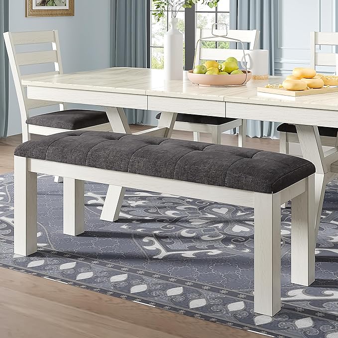 6-Piece Solid Wood Dining Table Set for 6, Modern Breakfast Dinette Kitchen Table with Bench & Chairs for Dining Room, Kitchen, Grey