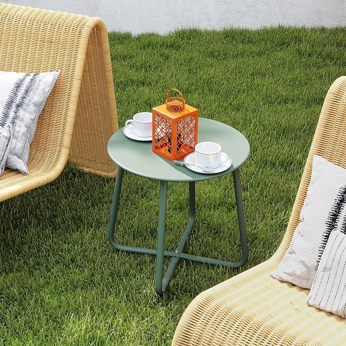 HollyHOME Round Metal Side Table, Rust-Resistant Patio Small Plant Stand, Outdoor 17.32'' Portable End Table for Balconies, Gardens, Living Rooms and Bedrooms, Atrovirens