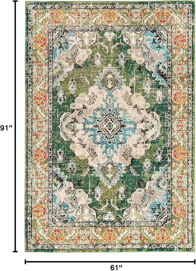 SAFAVIEH Monaco Collection Area Rug - 5'1" x 7'7", Forest Green & Light Blue, Medallion Distressed Design, Non-Shedding & Easy Care, Ideal for High Traffic Areas in Living Room, Bedroom (MNC243F)