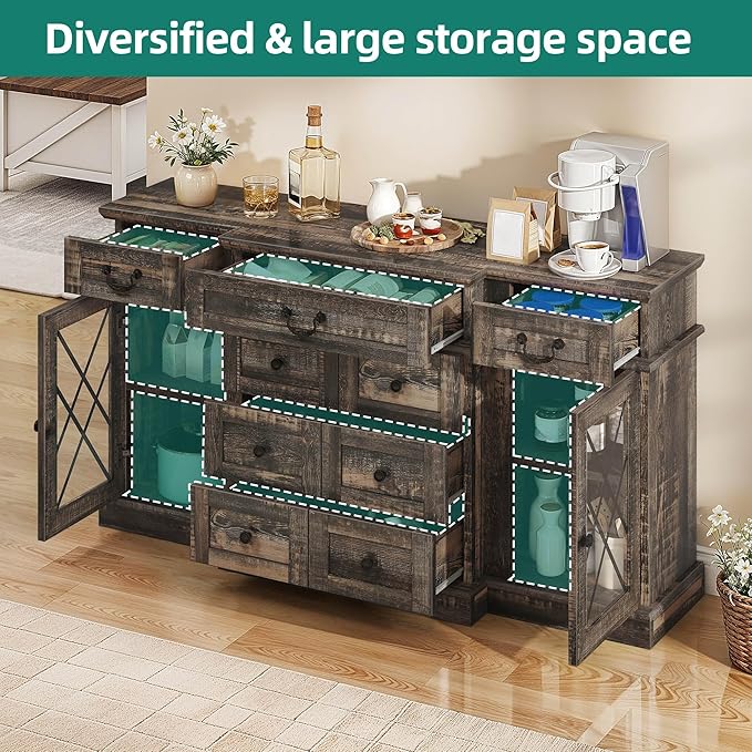 YITAHOME Television Stand for 65/55 Inch TV, Farmhouse TV Stand with 9 Drawers, Adjustable Shelves and Tempered Glass Doors, Entertainment Center TV Media Console for Living Room, Dark Rustic Oak