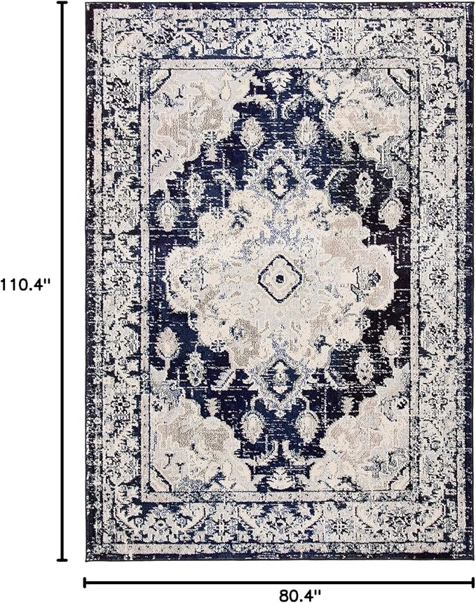 SAFAVIEH Monaco Collection 6'7" x 9'2" IvoryNavy MNC243C Boho Chic Medallion Distressed Non-Shedding Living Room Dining Bedroom Area Rug