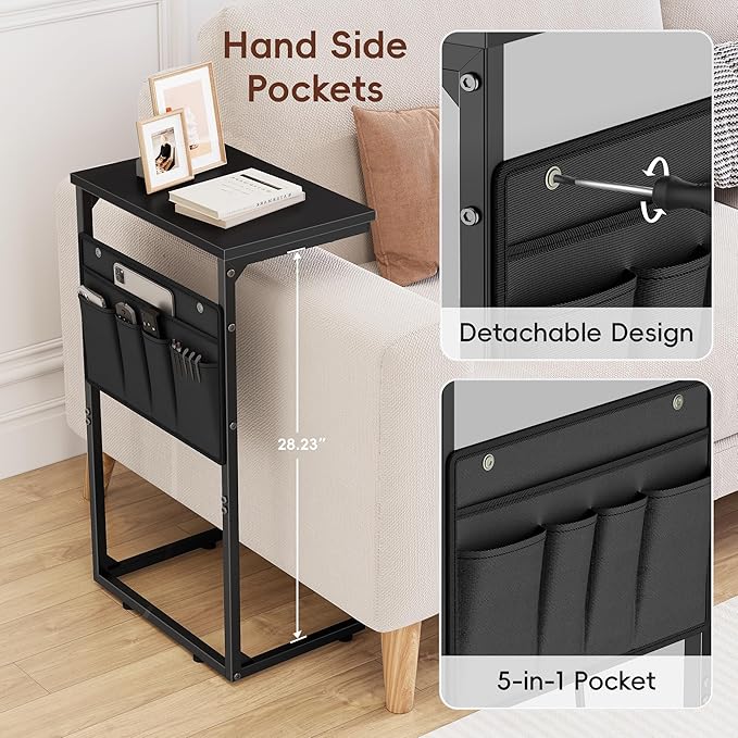 Vagusicc C Shaped End Table Set of 2, Tall Side Table for Sofa, Small Couch Side With Storage Bag, TV Tray for Small Spaces, Sturdy Slide Under Sofa With Metal Frame for Living Room